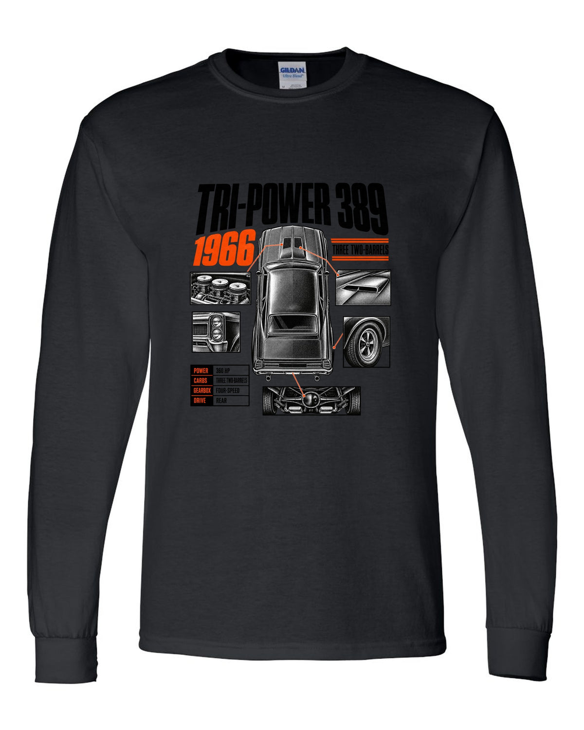 print spec poster of a 1966 Pontiac GTO with Tri-Power 389 lettering black long sleeve front view with the design