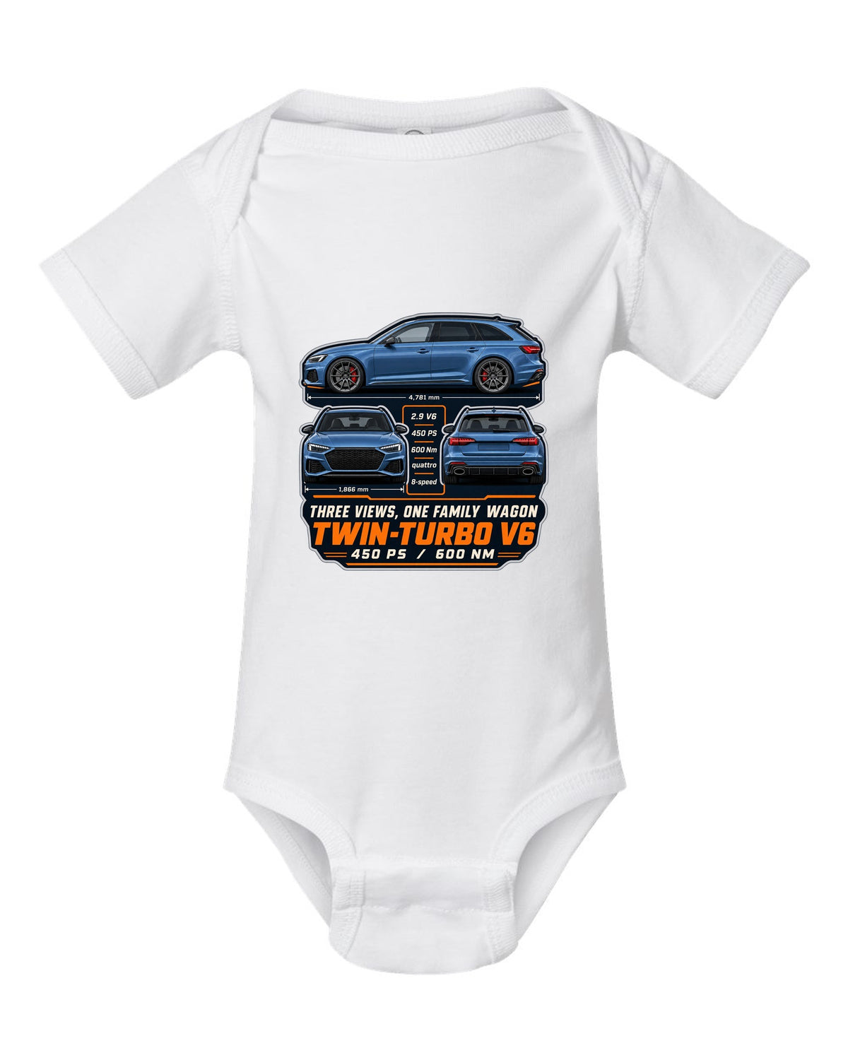 Audi RS4 Avant B9 facelift three-view drawing with spec table print white baby onesie front view with the design