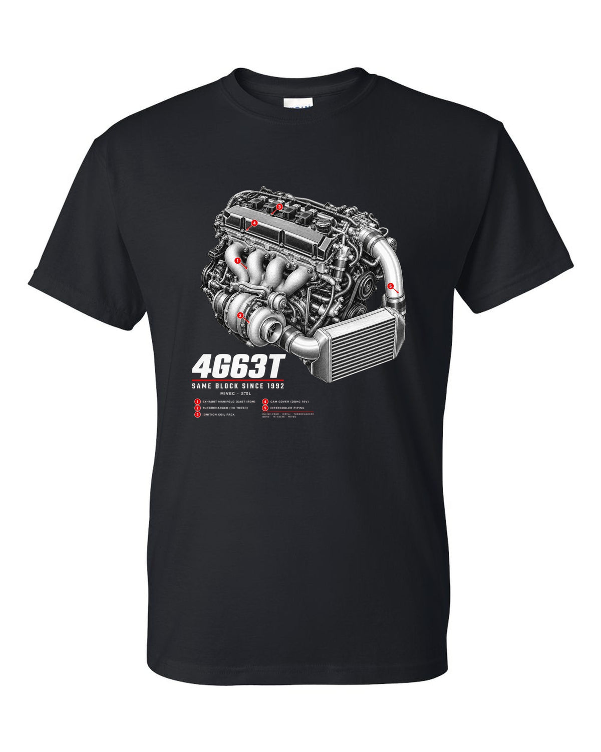 Engine hero print for the Mitsubishi Lancer Evolution IX MR CT9A reading 4G63T, MIVEC, 2.0L, same block since 1992 black t-shirt front view with the design