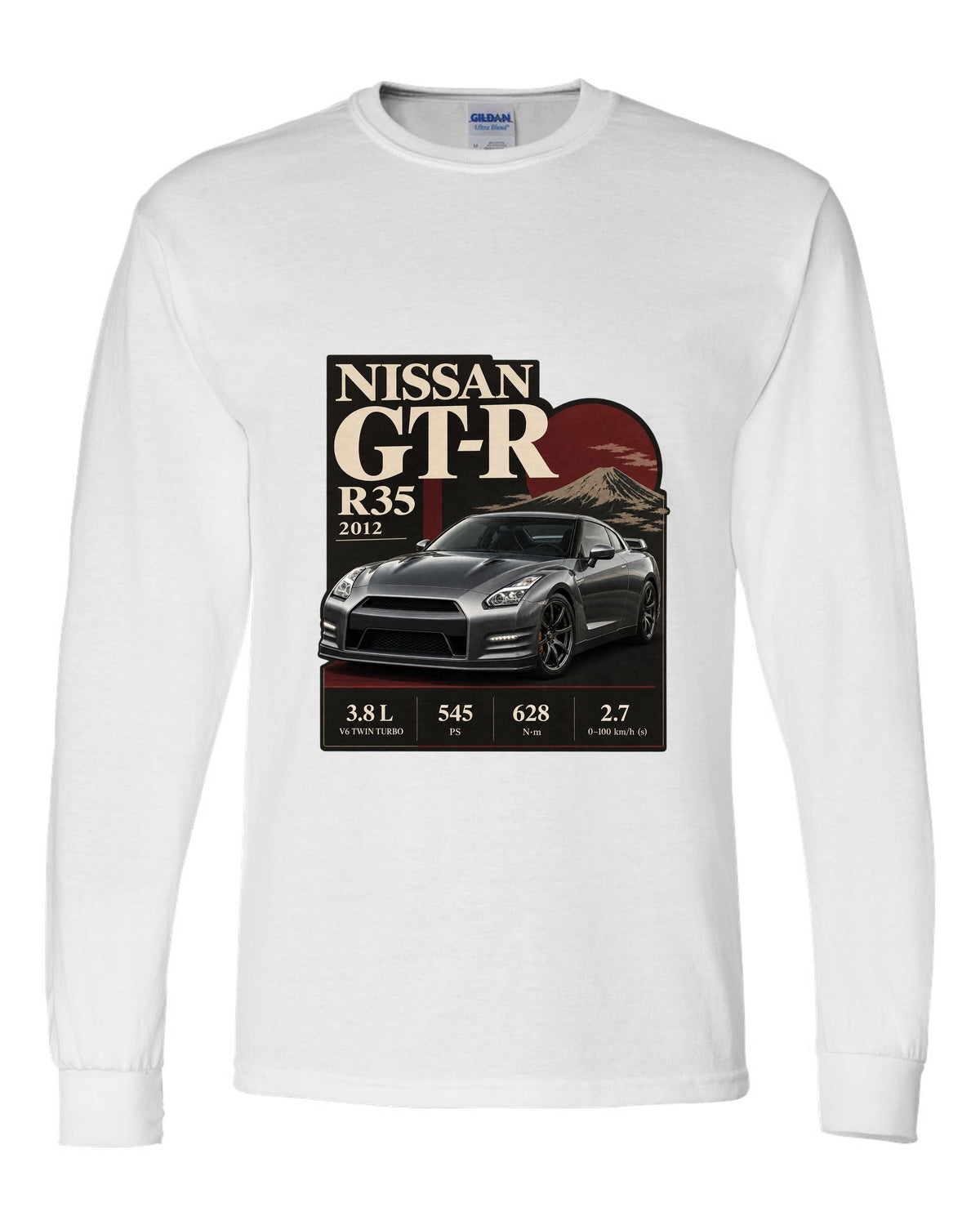 Nissan GT-R R35 2013 Track Edition in dossier panel layout white long sleeve front view with the design