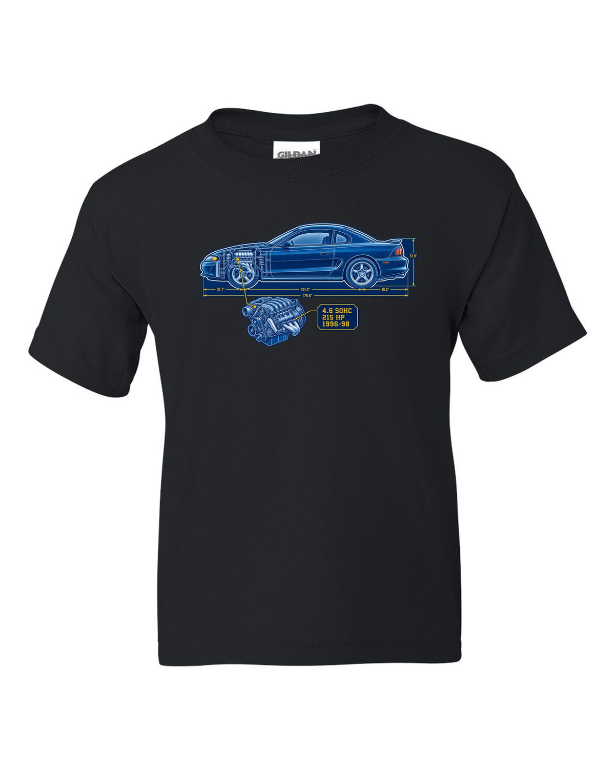 Cyanotype blueprint print of a 1994-98 Ford Mustang SN95 coupe black kids tee front view with the design