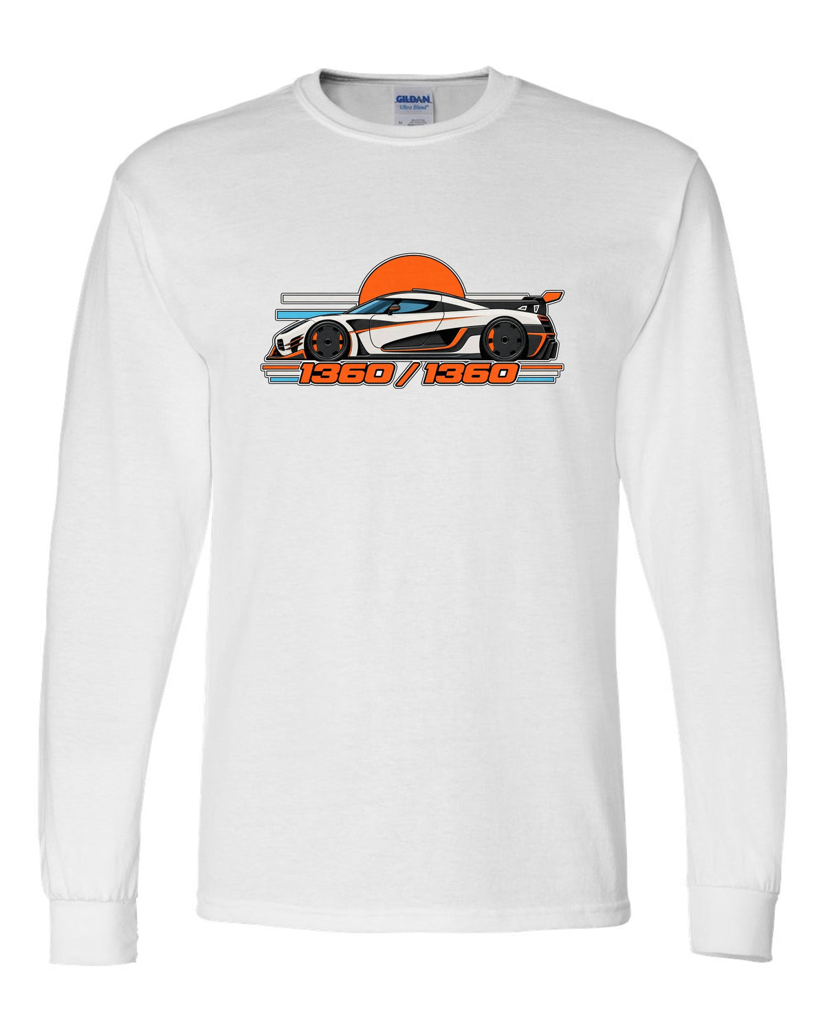 Minimal Swiss grid print for the Koenigsegg One:1 with 1360 over 1360 lettering white long sleeve front view with the design
