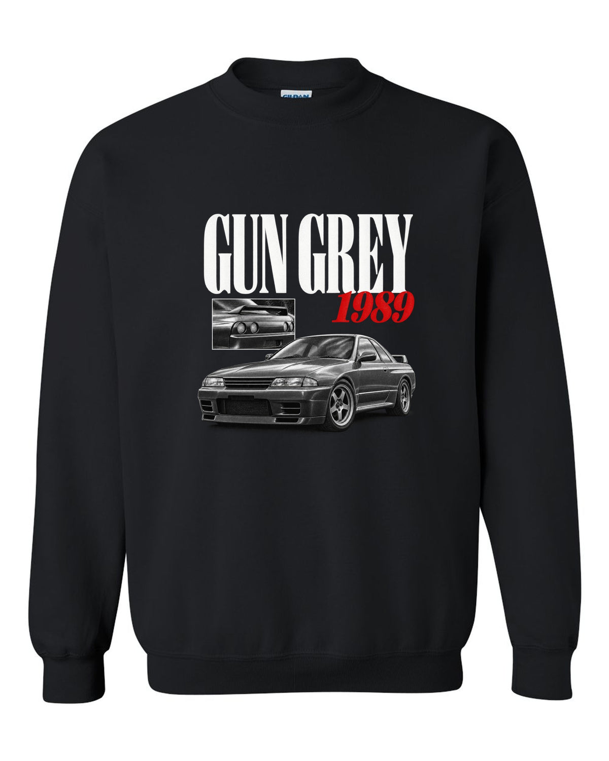 Editorial headline print of a Nissan Skyline GT-R R32 BNR32 in Gun Grey with 1989 text black crewneck front view with the design