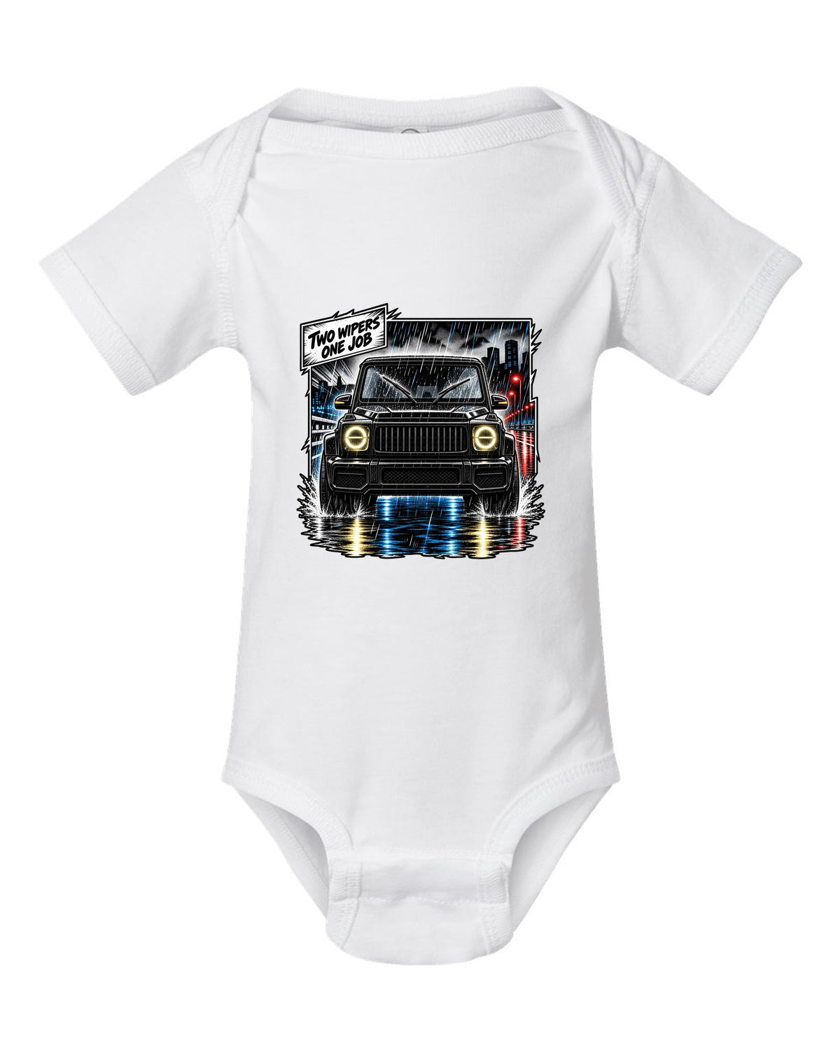 Round enamel-pin style crest graphic reading W463 3 Lockers 4x4 for the Mercedes G-Class, print white baby onesie front view with the design