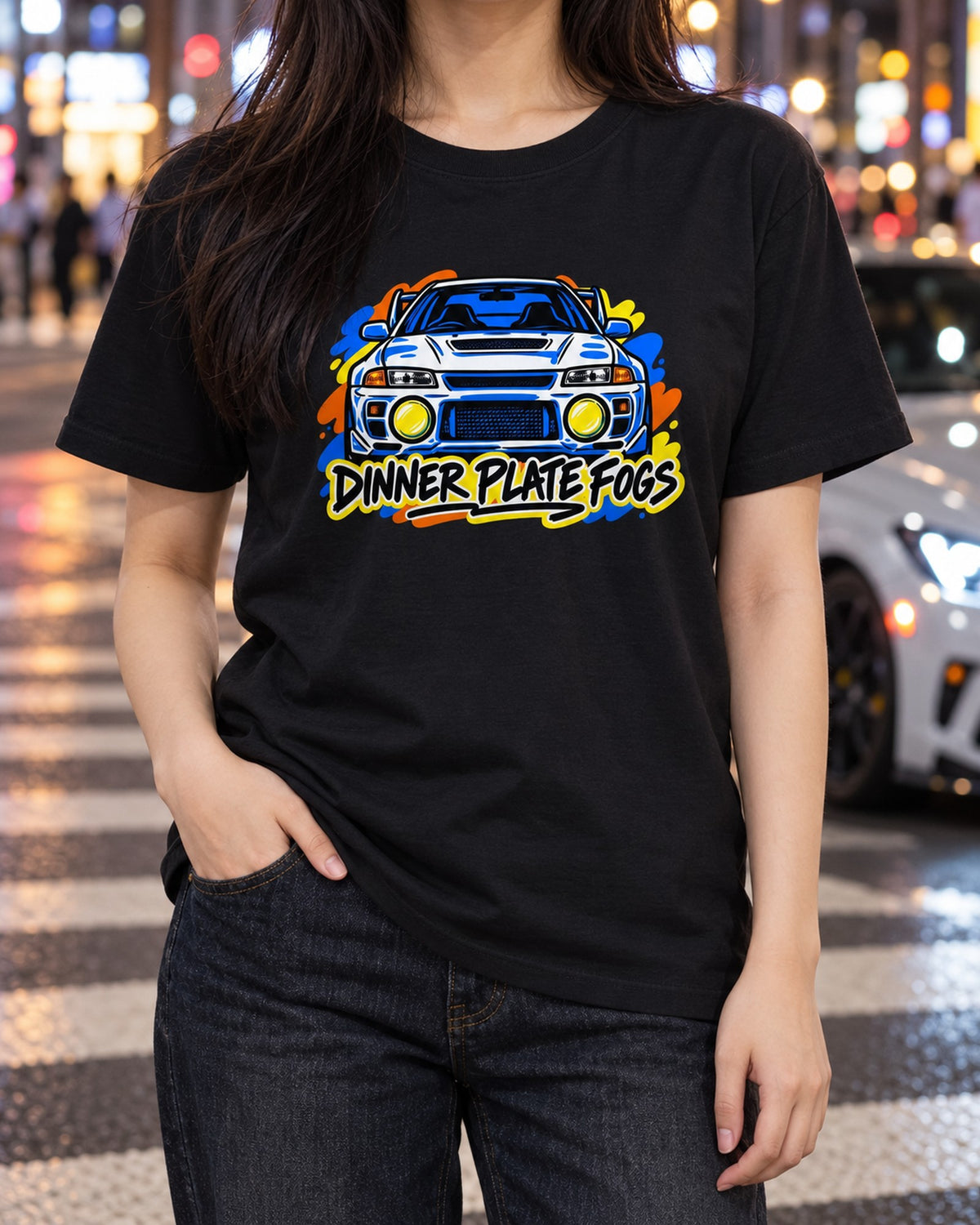 Mitsubishi Lancer Evolution IV CN9A Twin Fog Sketch Tee T-Shirt Black worn hero