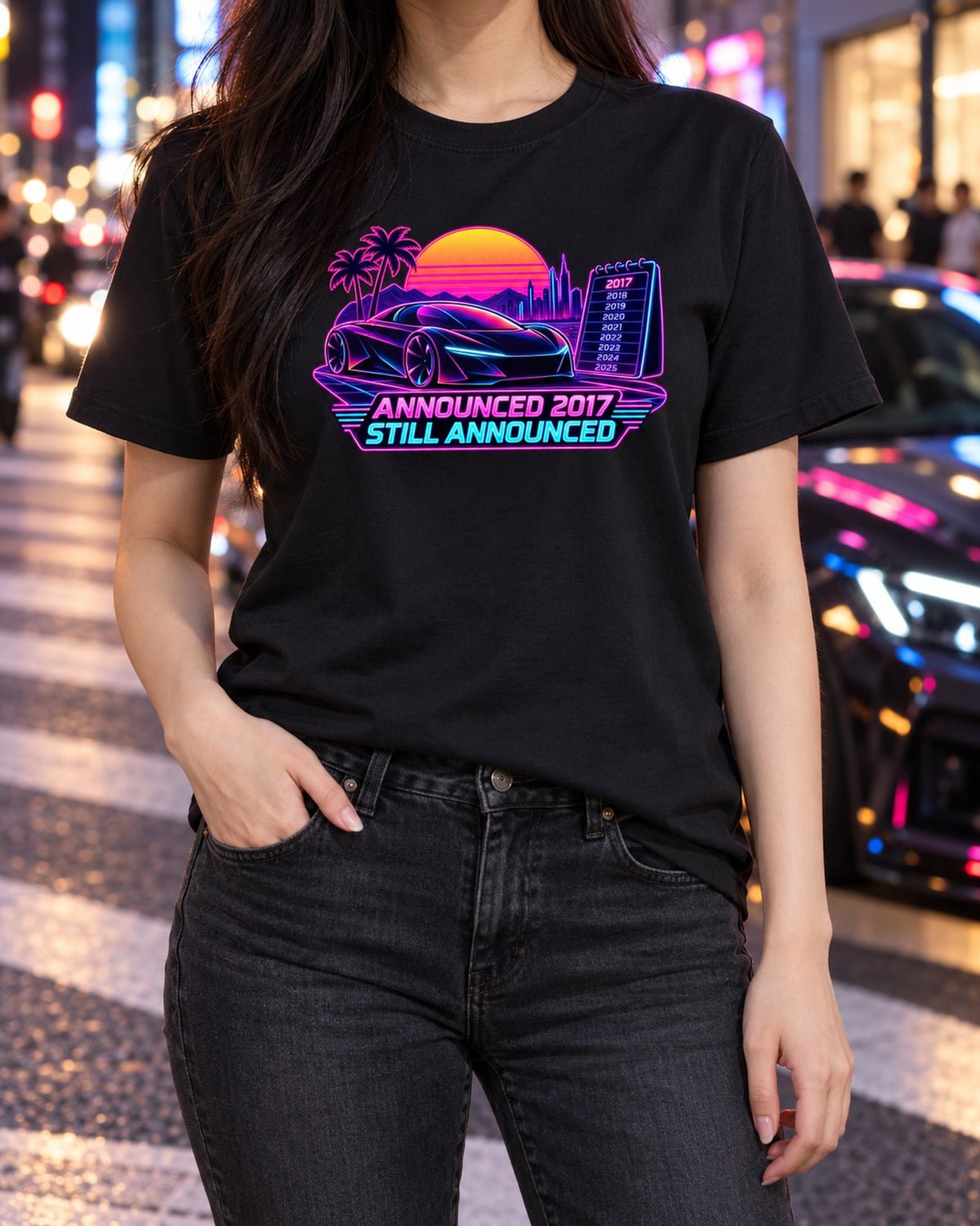 Tesla Roadster Gen 2 Neon Synthwave Tee, Waiting Room print T-Shirt Black worn hero