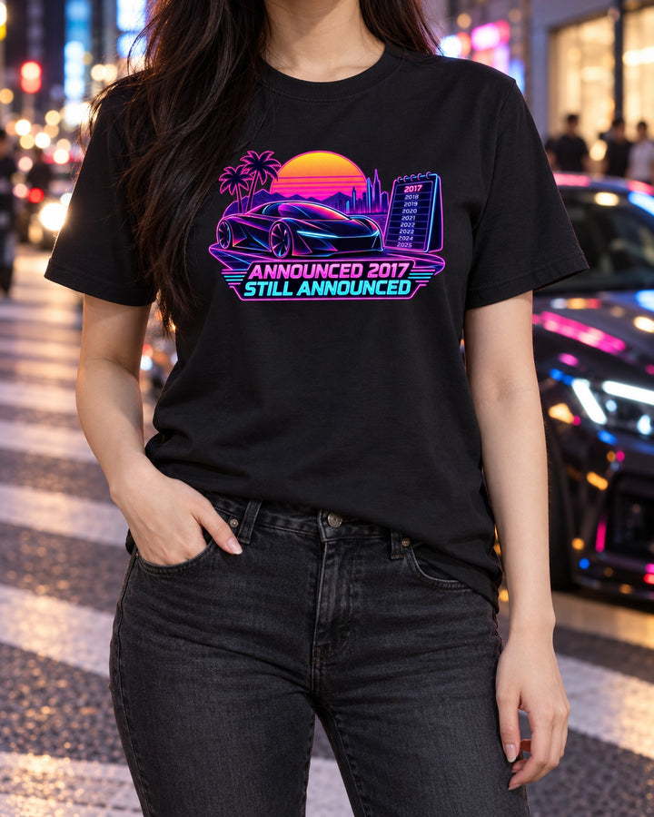 Tesla Roadster Gen 2 Neon Synthwave Tee, Waiting Room print T-Shirt Black worn hero