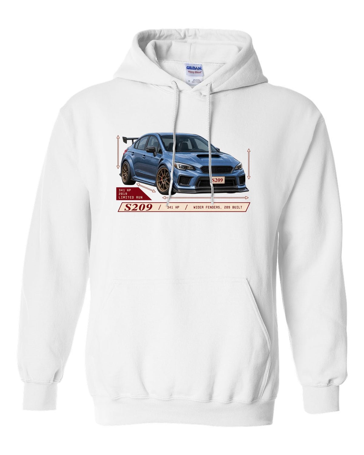 Subaru WRX STI S209 2019 widebody archive panel design white pull over hoodie front view with the design