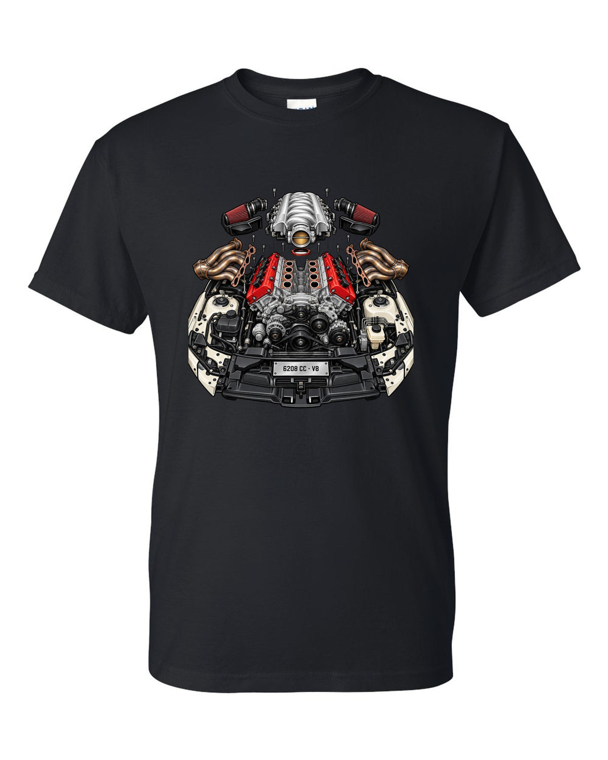 Exploded cutaway illustration of a Mercedes AMG M156 6.2 V8 engine black t-shirt front view with the design