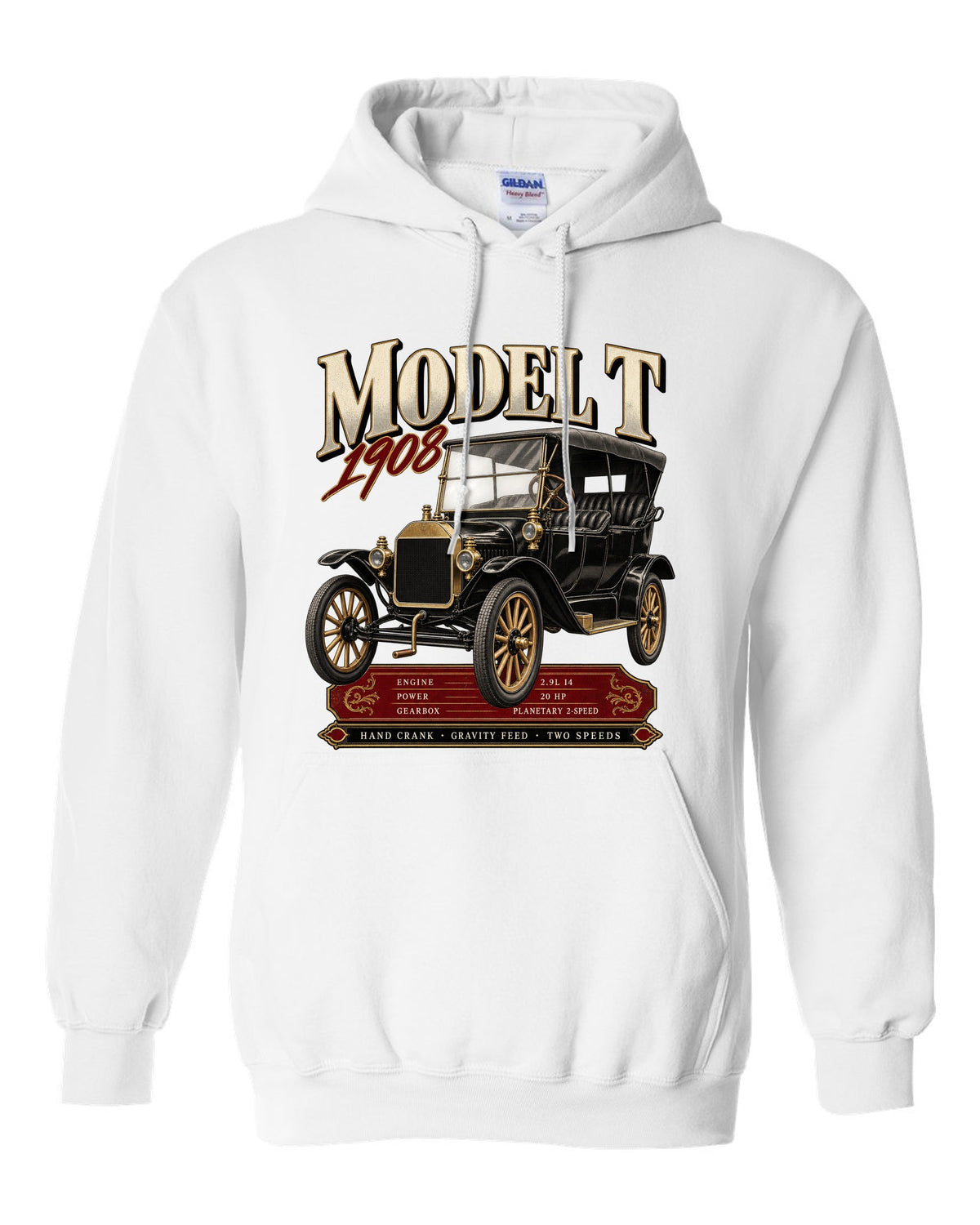Archive panel print of a Ford Model T touring car with engine specs white pull over hoodie front view with the design