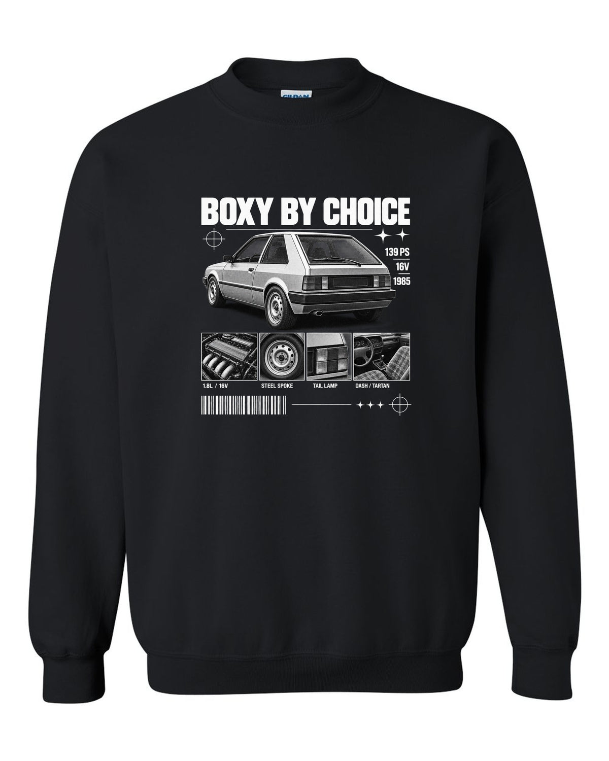 VW Golf Mk2 GTI 16V 1985 rear three-quarter in dossier panels with 139 PS text black crewneck front view with the design
