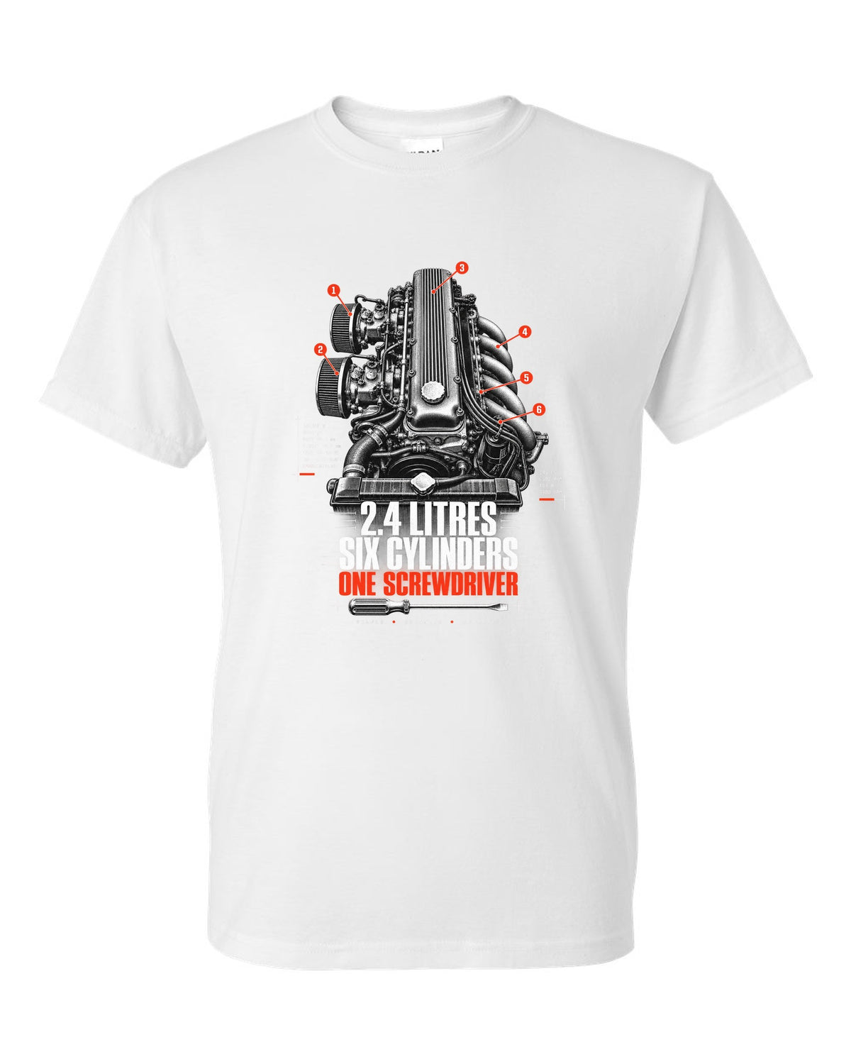 print of a Datsun 240Z L24 engine bay with six cylinders and screwdriver lettering white t-shirt front view with the design
