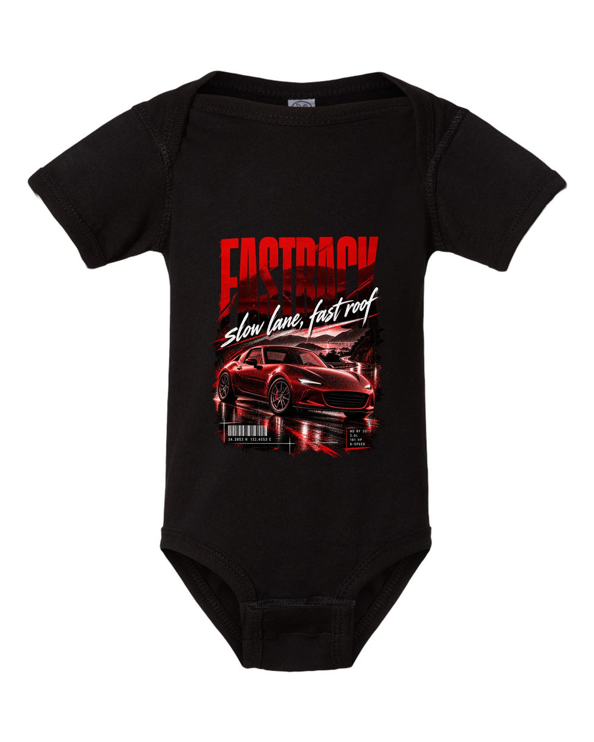 Street poster print for the 2017 Mazda MX-5 ND RF reading fastback, slow lane, fast roof black baby onesie front view with the design