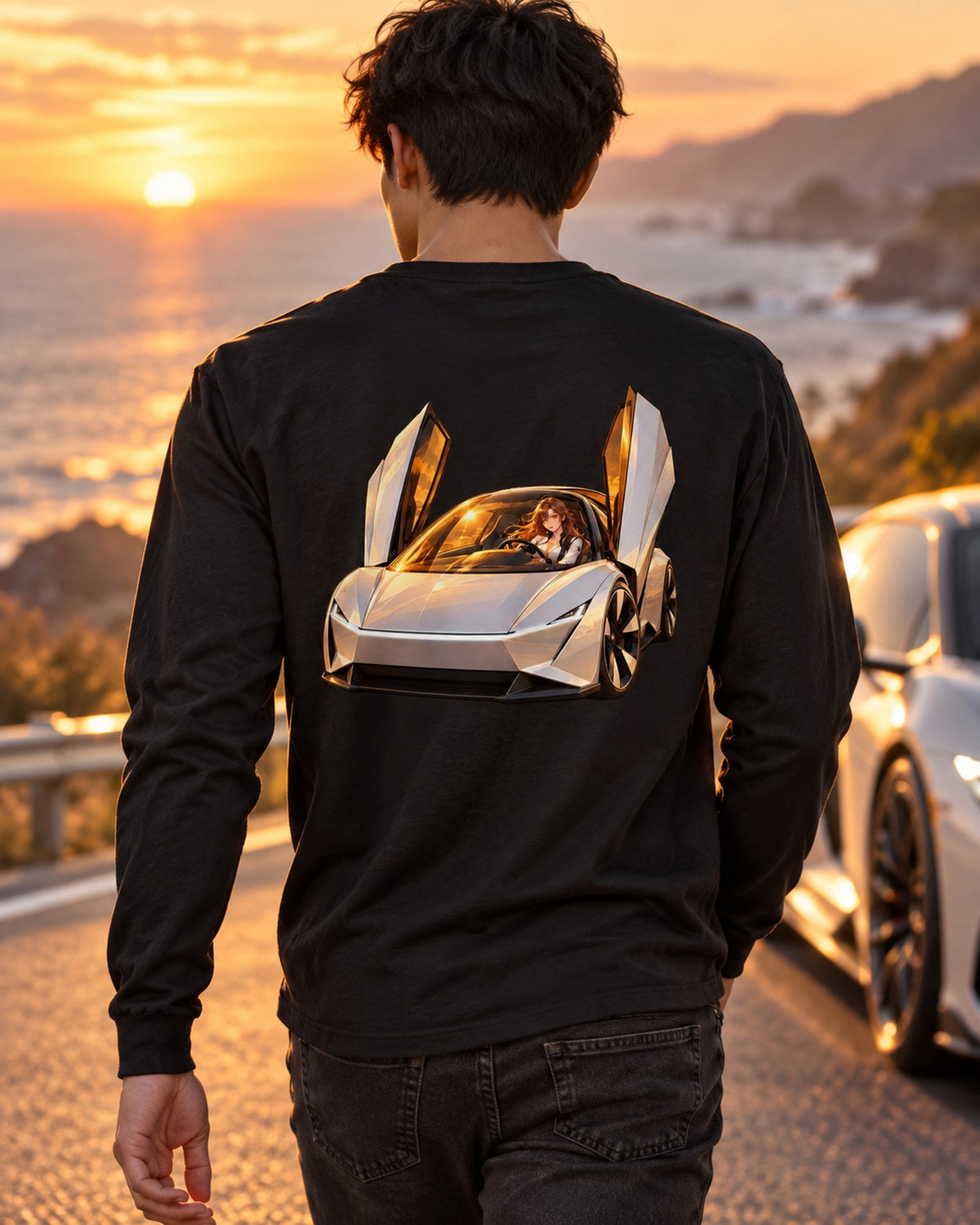 Tesla Roadster Golden Hour Anime Girl Shirt, Hoodie & More Long Sleeve Black worn hero