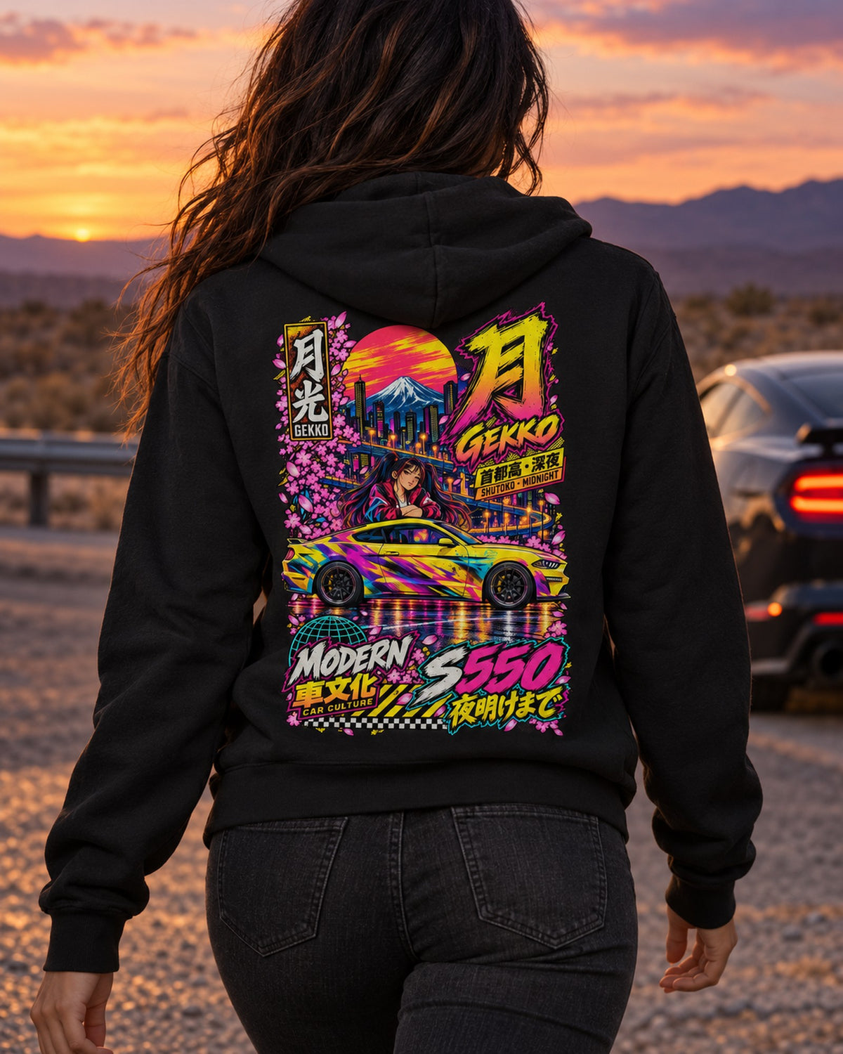 GEKKO S550 Anime Girl Full-Back Graphic Tee Zip Hoodie Black worn hero