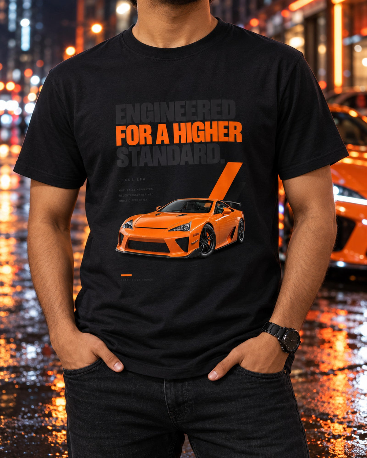 Ten Cylinders Lexus LFA Editorial Headline Car Shirt T-Shirt Black worn hero