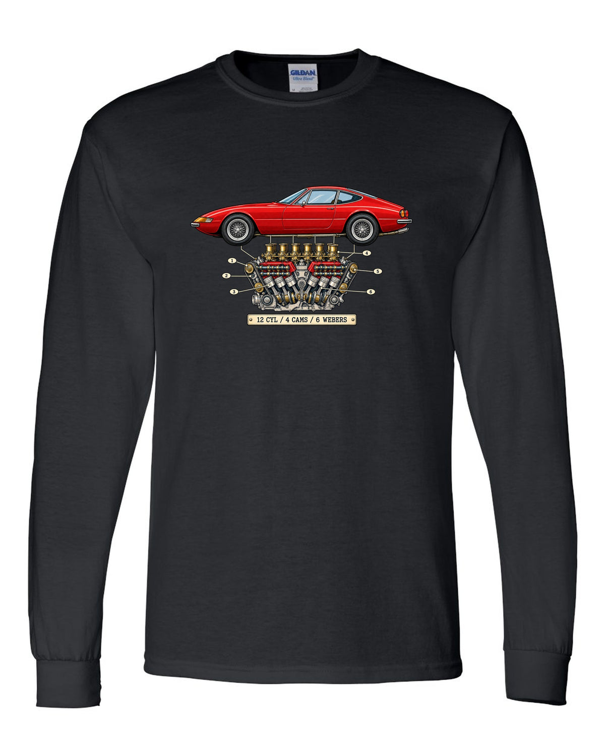 Patent-style drawing of the Ferrari 365 GTB/4 Daytona V12 engine black long sleeve front view with the design