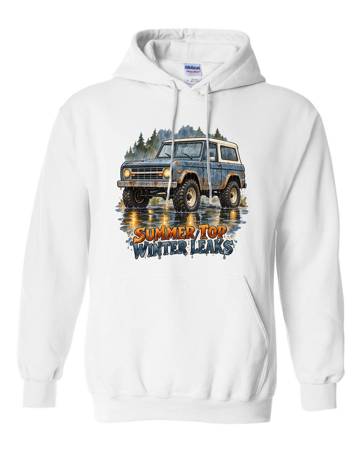 Watercolour wash print of a 1969 first-generation Chevrolet K5 Blazer with summer top winter leaks text white pull over hoodie front view with the design