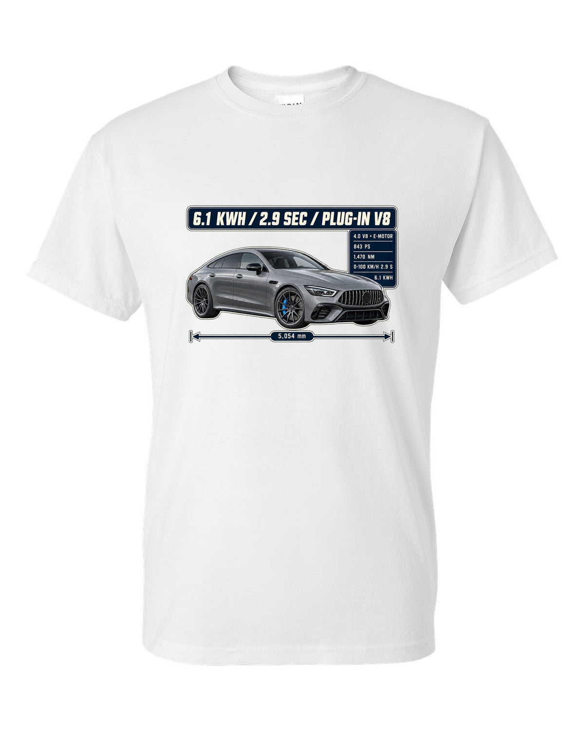 Mercedes-AMG GT 63 S E Performance spec poster design with electric-blue accent white t-shirt front view with the design