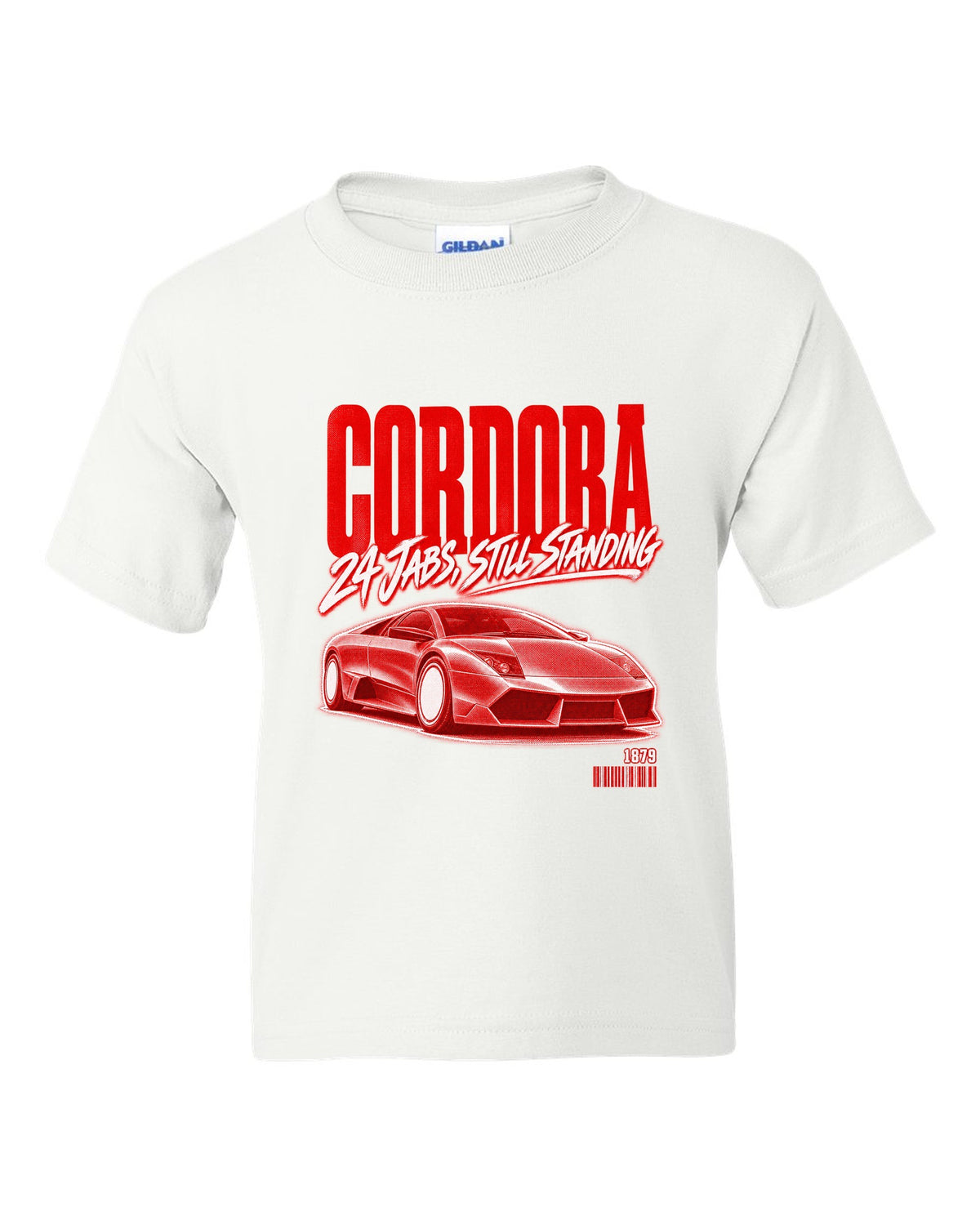 Street poster print of a Lamborghini Murcielago LP640 with Cordoba and 1879 text white kids tee front view with the design