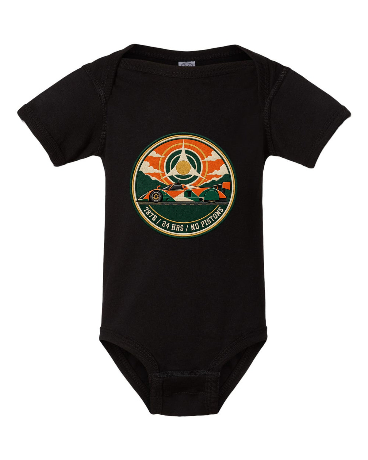 Varsity crest print of the Mazda 787B with 24 hrs and no pistons lettering black baby onesie front view with the design