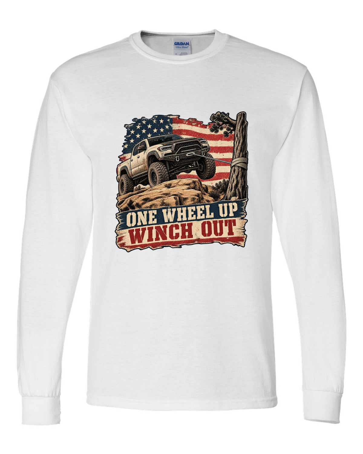 Distressed screen-print print of a Ram 2500 Power Wagon with one wheel lifted on a ledge white long sleeve front view with the design
