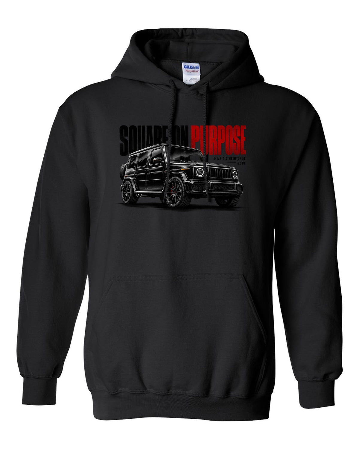 Halftone statement print of a Mercedes-AMG G63 W464 with Square On Purpose lettering black pull over hoodie front view with the design