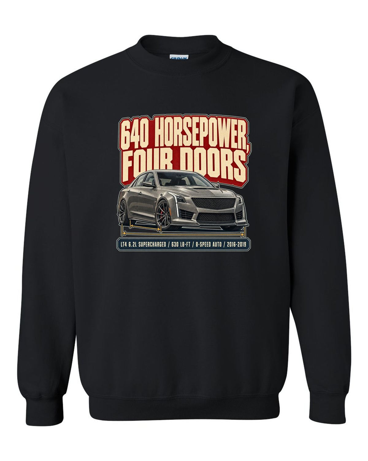 Editorial headline print for a 2016-19 third generation Cadillac CTS-V black crewneck front view with the design