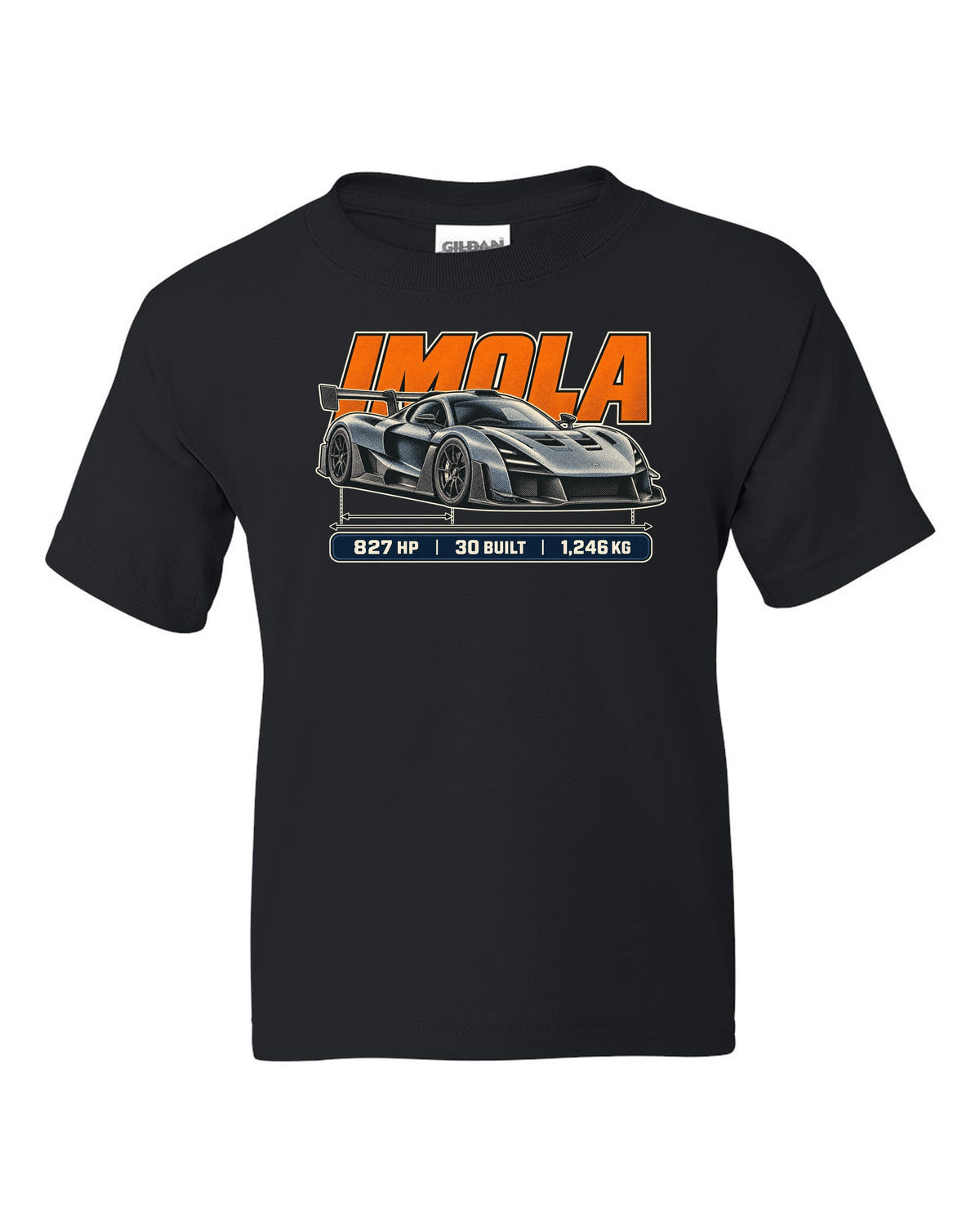 Halftone print of the Pagani Huayra Imola with the text Imola, 827 hp, 30 built, 1,246 kg black kids tee front view with the design
