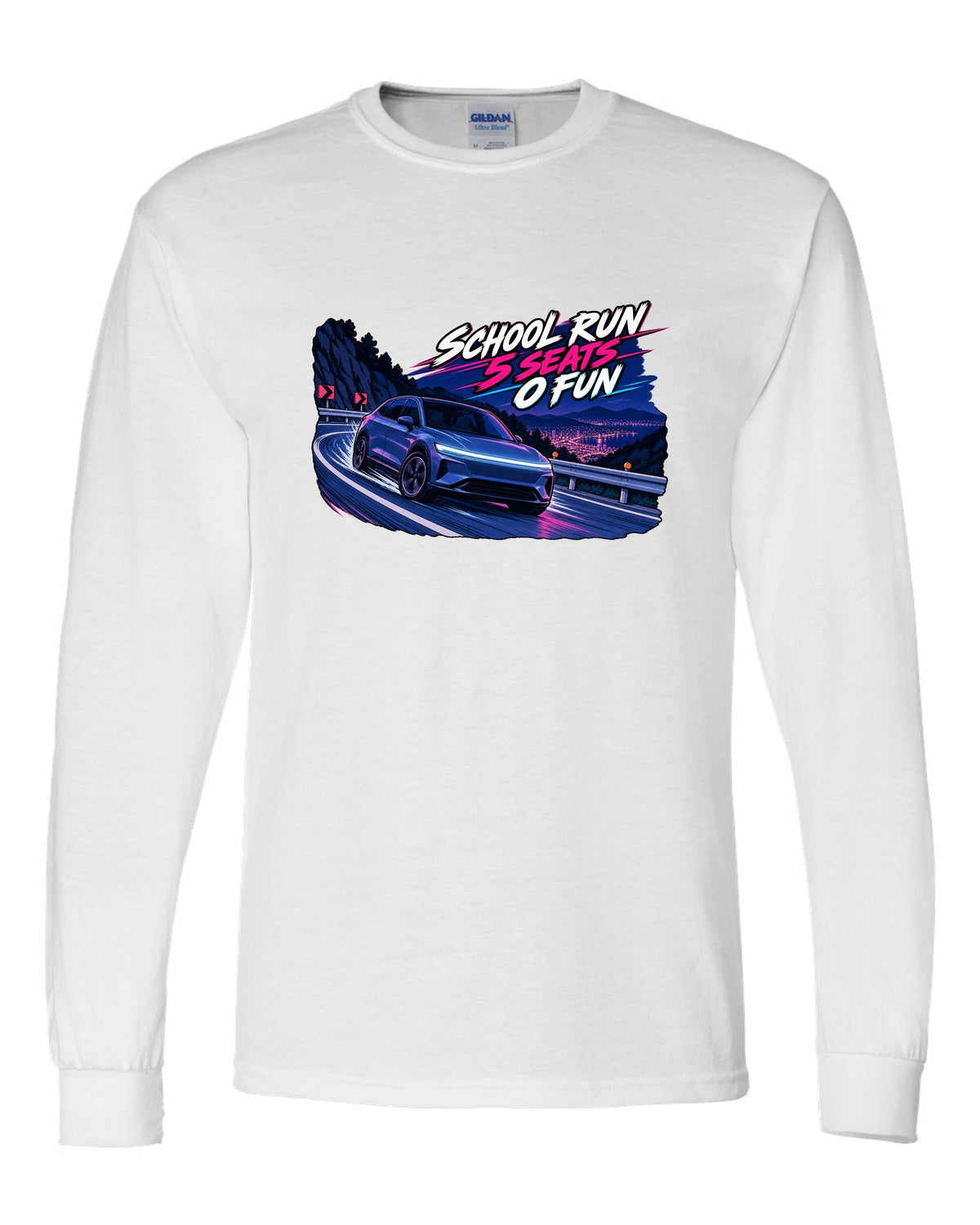 Cel-shaded 90s anime night touge print of a Tesla Model Y Juniper reading School Run 5 Seats 0 Fun white long sleeve front view with the design