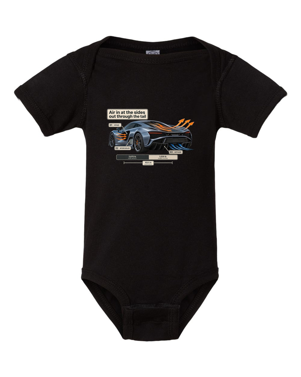 Aero cutaway print of a 2019 Acura NSX NC1 with airflow callouts black baby onesie front view with the design