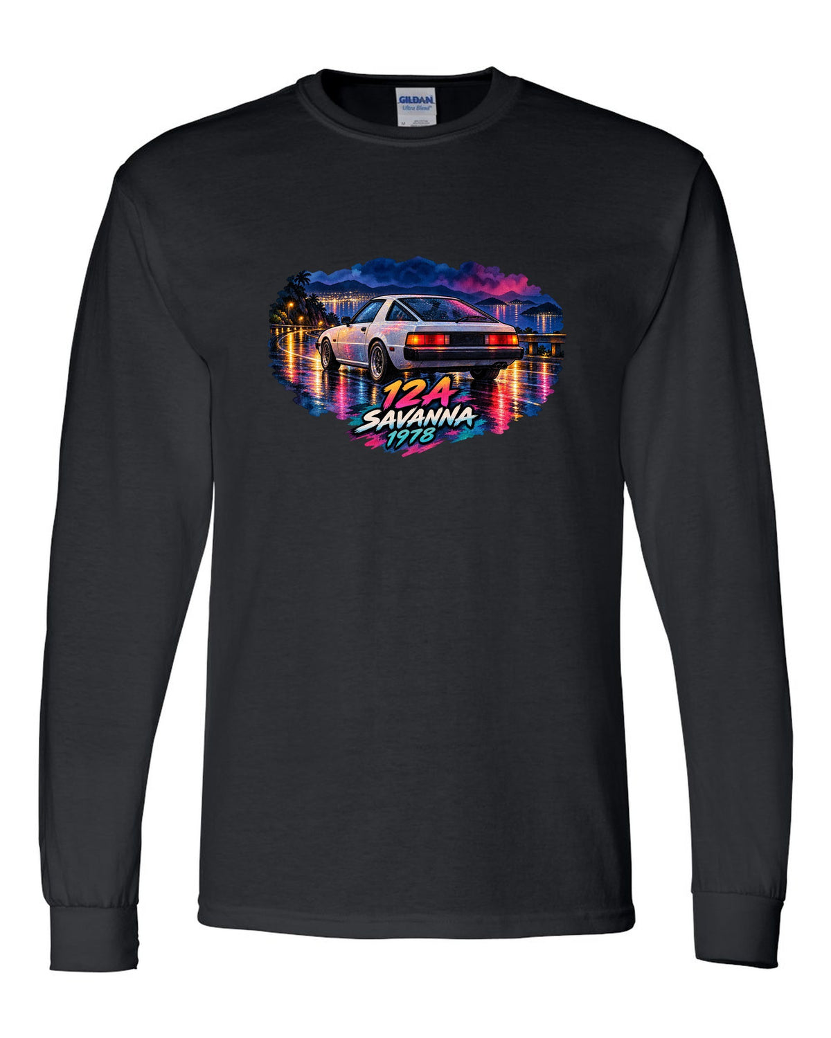 Watercolour wet road night print of a Mazda Savanna RX-7 SA22C with text 12A, Savanna, 1978 black long sleeve front view with the design