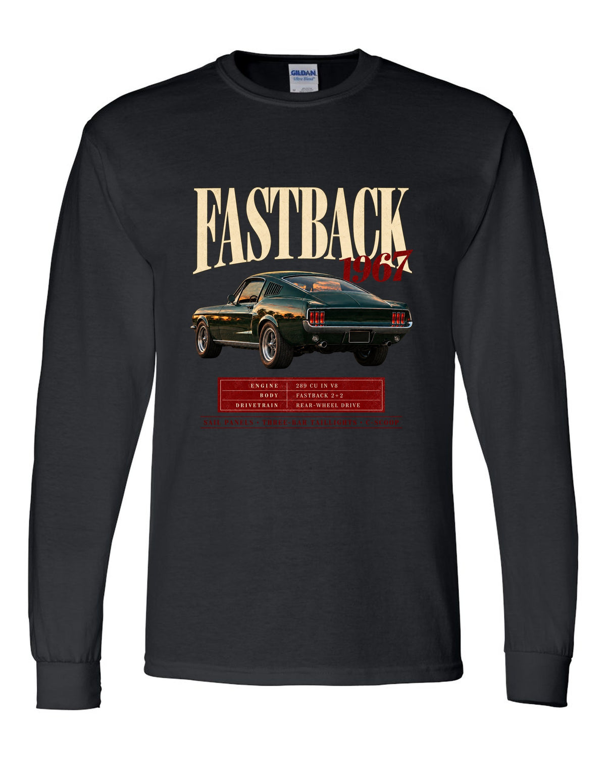 Archive panel illustration of a 1967 Ford Mustang fastback with 289 V8 spec callouts black long sleeve front view with the design