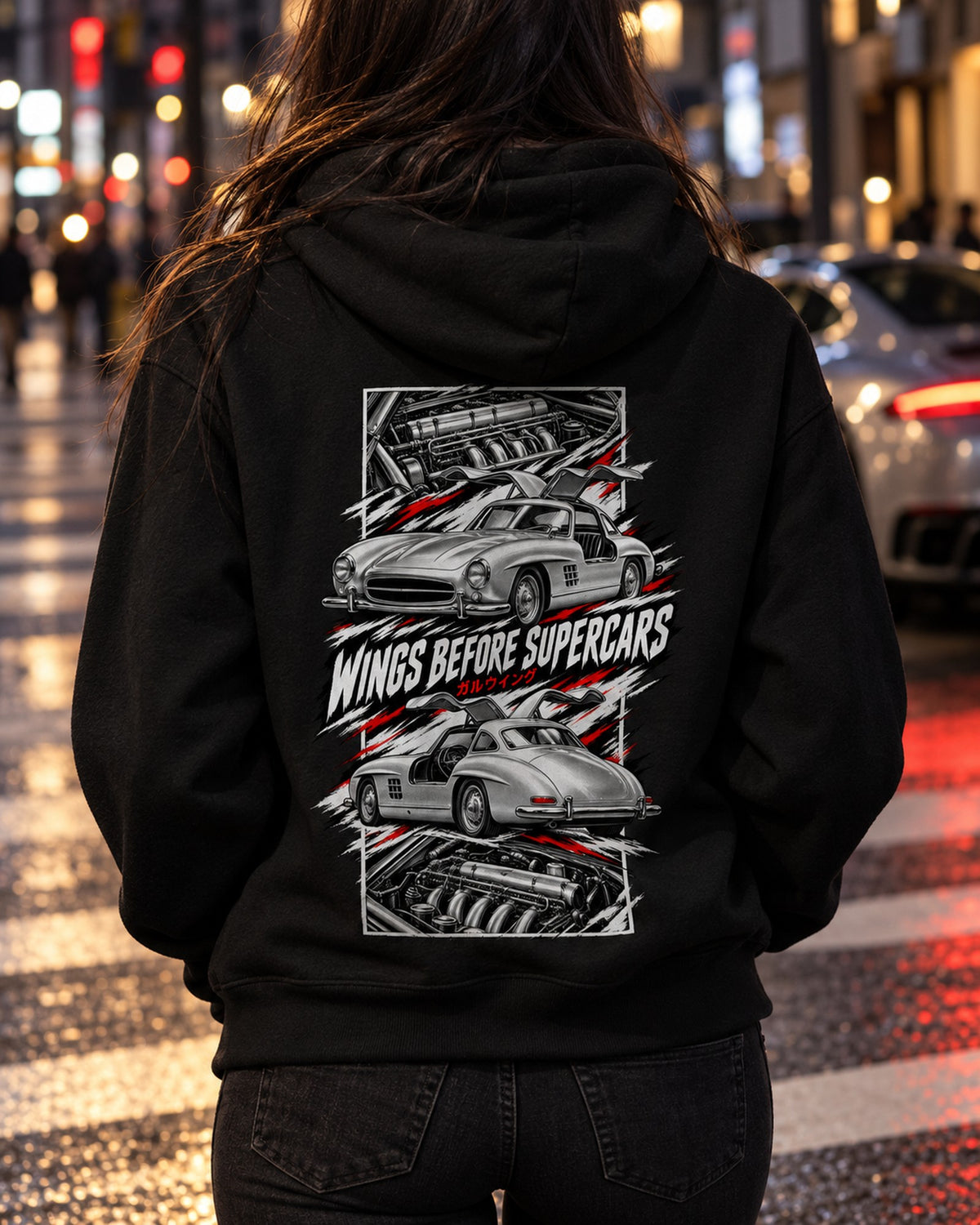 Mercedes 300 Sl Torn Poster Full-Back Graphic Tee Pull Over Hoodie Black worn hero