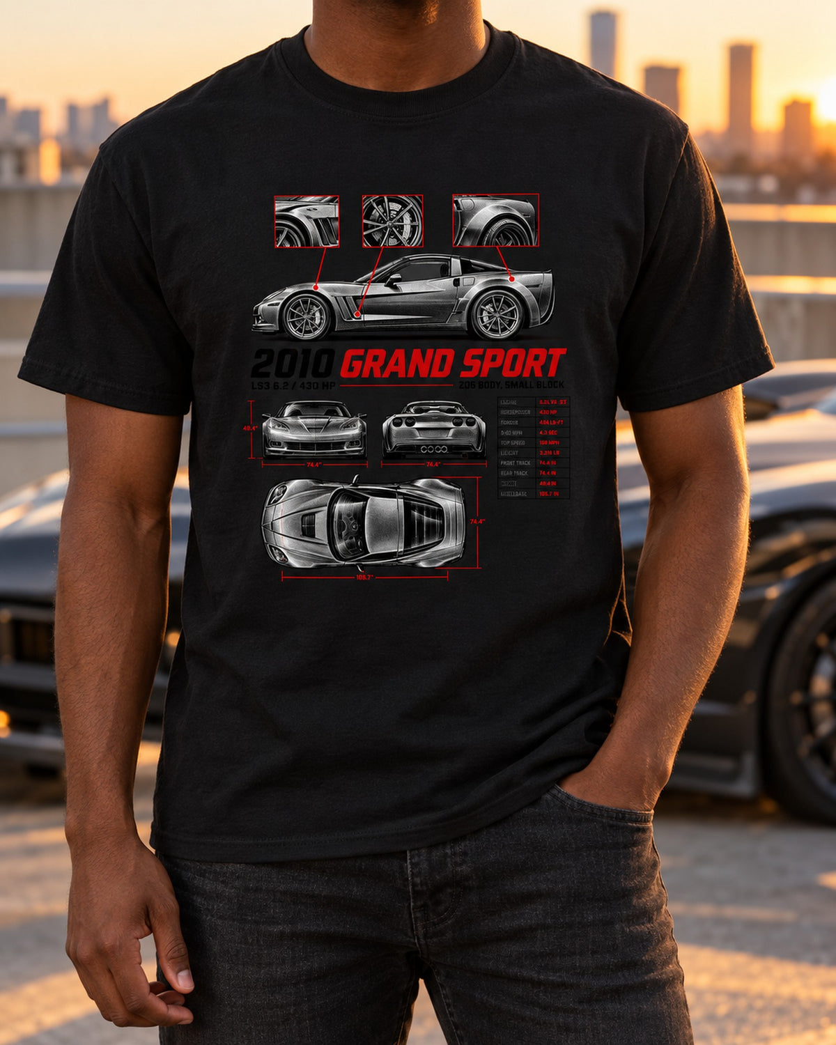 Corvette C6 Grand Sport 2010 Spec Poster Tee, LS3 430 HP T-Shirt Black worn hero