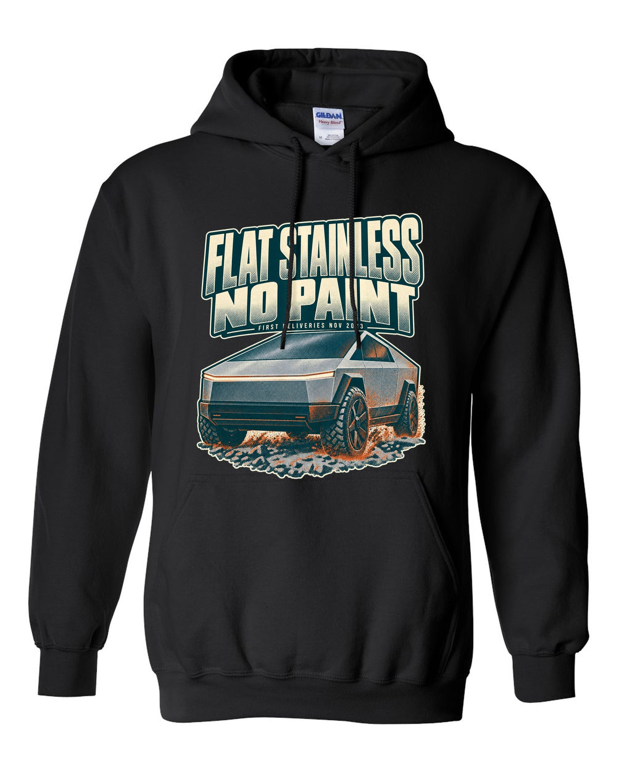 Halftone print of a Tesla Cybertruck front three-quarter with flat stainless text black pull over hoodie front view with the design