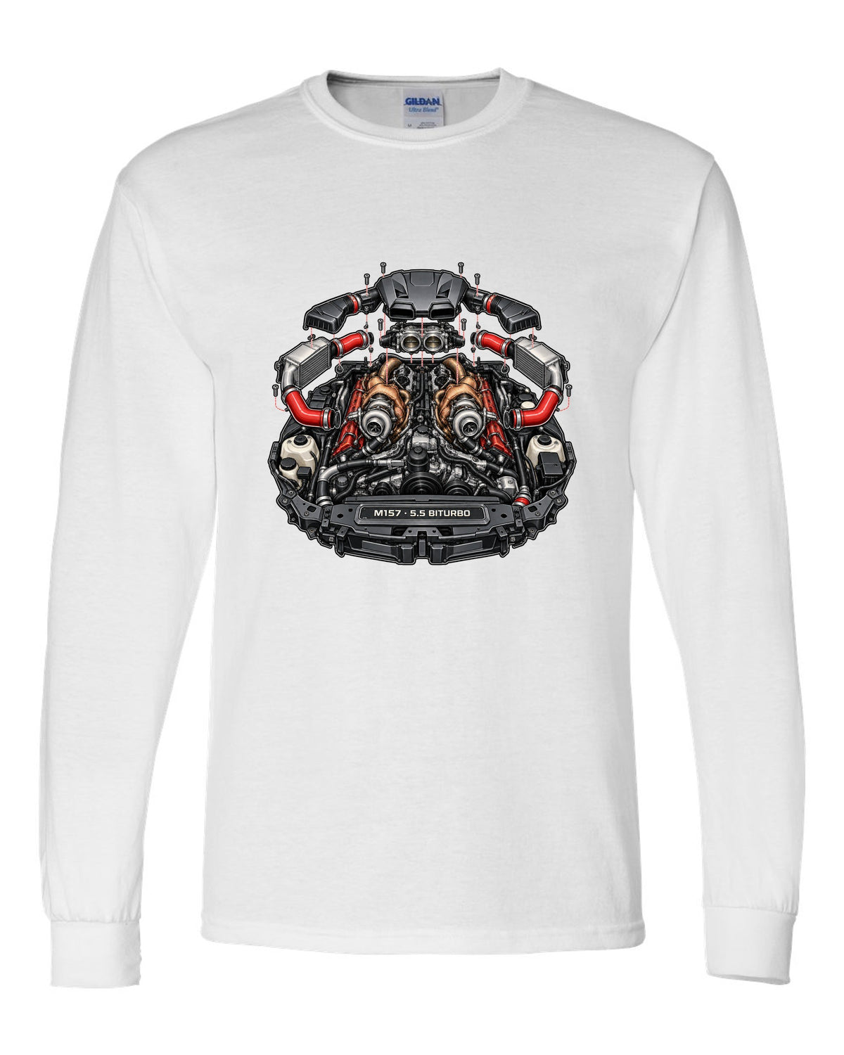 Hand-painted anime mountain road with a Mercedes E63 AMG Wagon S213 drifting white long sleeve front view with the design