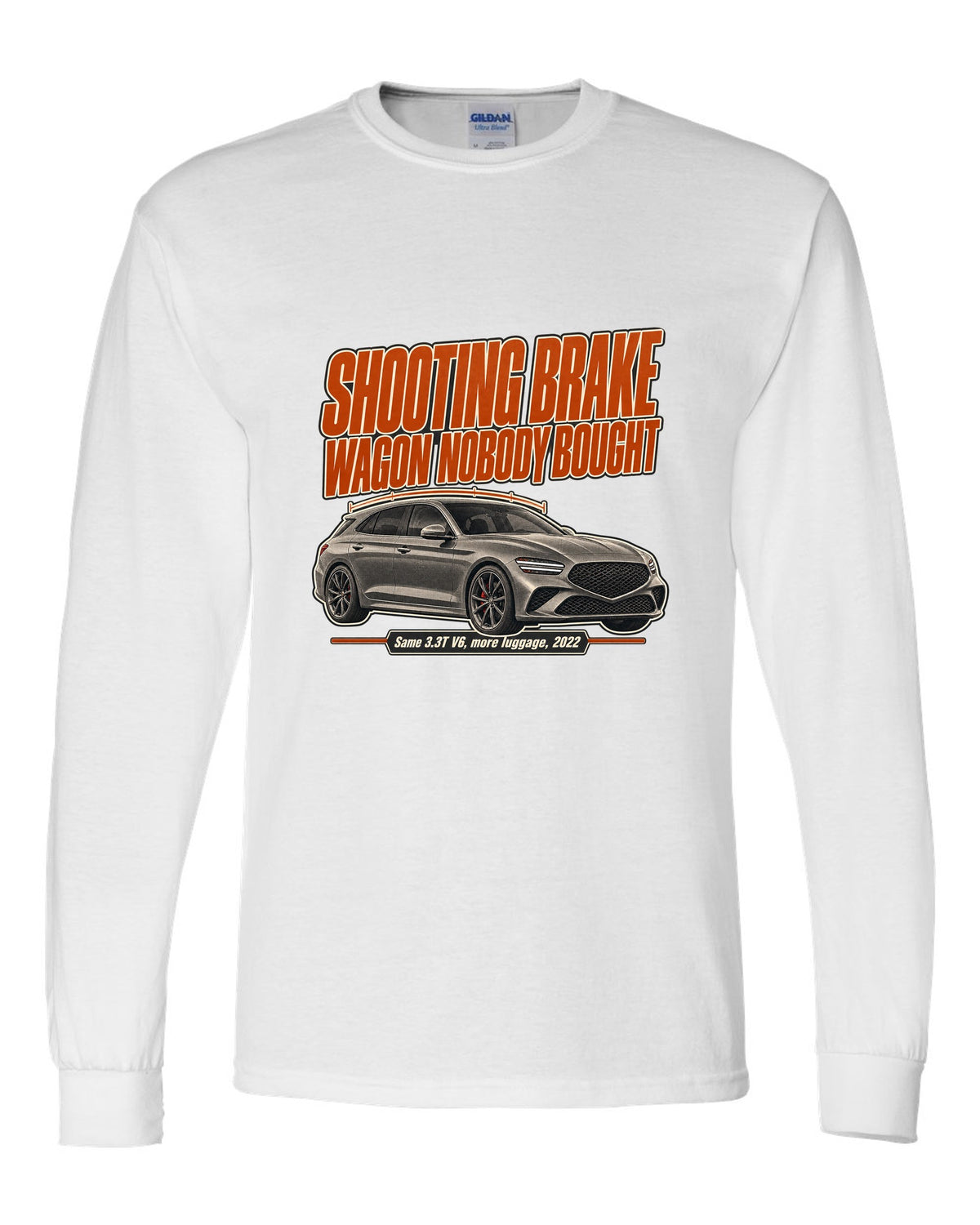 Editorial headline print for the Genesis G70 Shooting Brake reading wagon nobody bought white long sleeve front view with the design