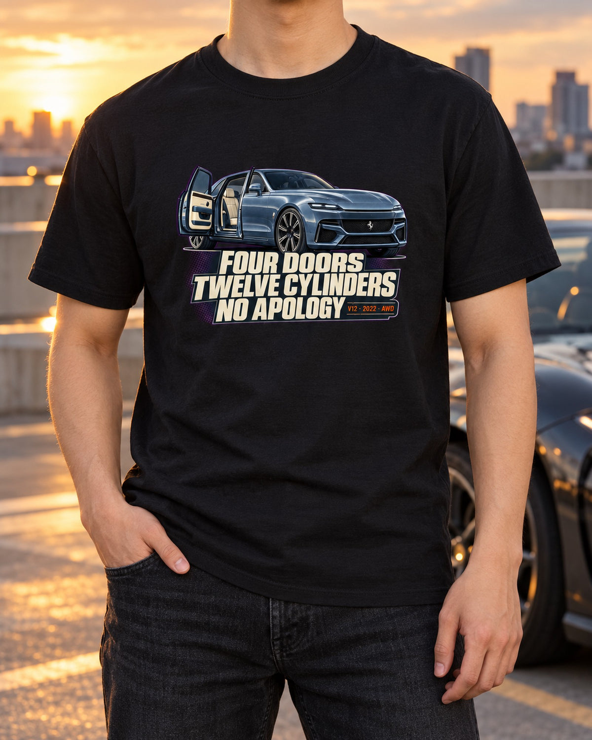 Ferrari Purosangue Editorial print Tee, Four-Door V12 T-Shirt Black worn hero
