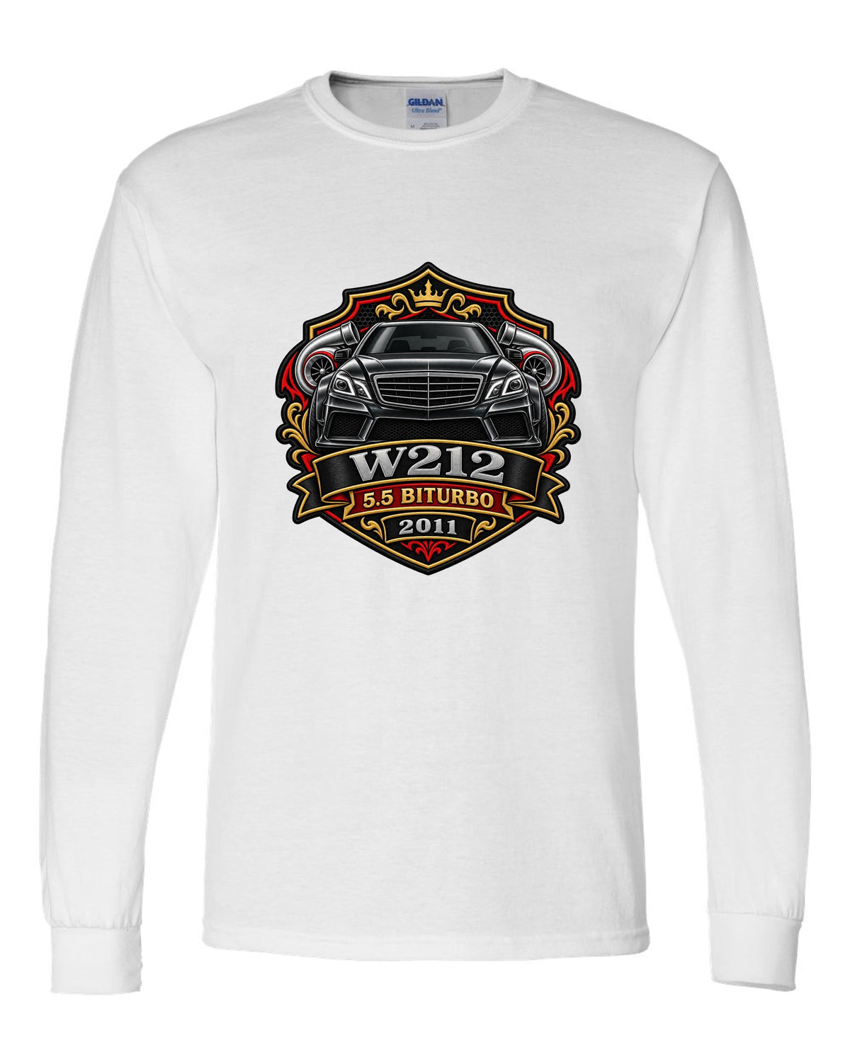 Varsity crest graphic reading W212 5.5 Biturbo 2011 for the Mercedes E63 W212, print white long sleeve front view with the design