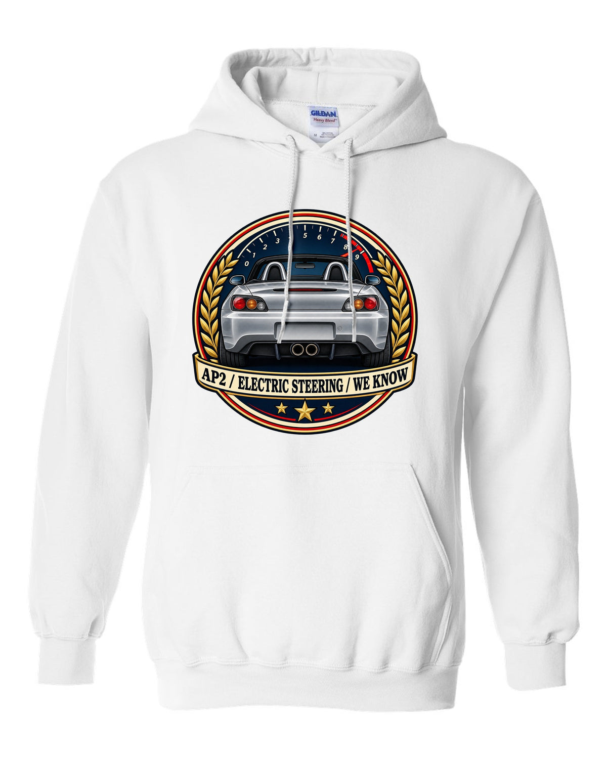 Crest layout print for the Honda S2000 AP2 with electric steering joke text white pull over hoodie front view with the design