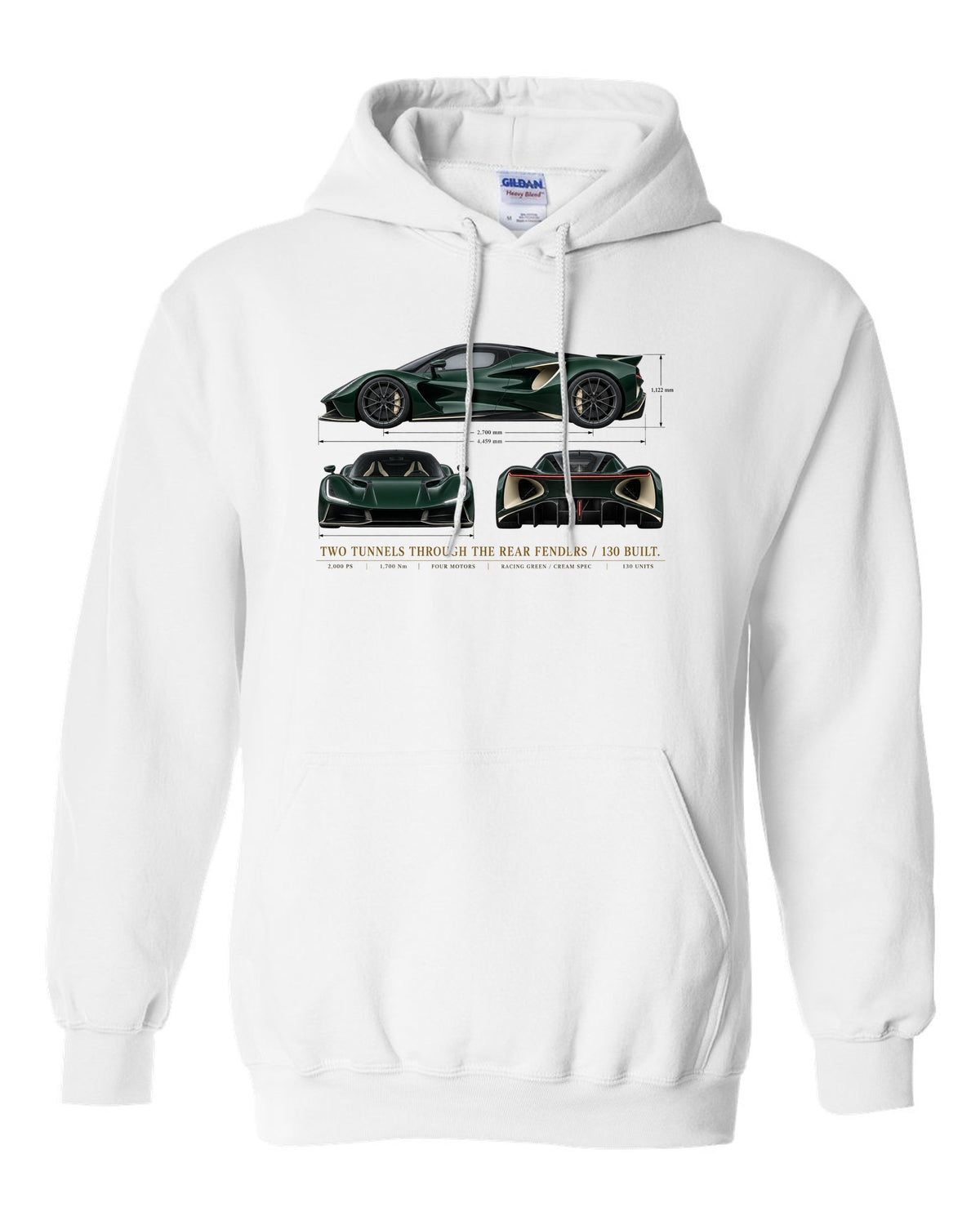 Lotus Evija three-view spec sheet print with two tunnels through the rear fenders and 130 built text white pull over hoodie front view with the design