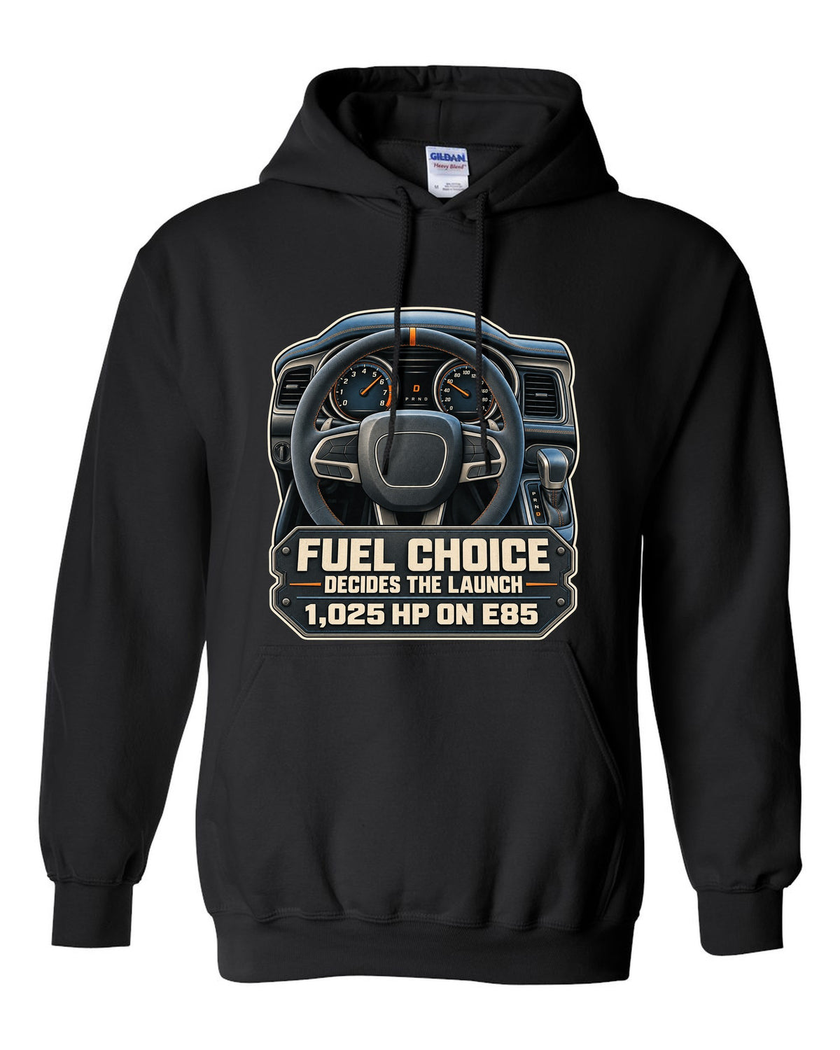 Dodge Challenger SRT Demon 170 cockpit gauge print with E85 1,025 HP text black pull over hoodie front view with the design