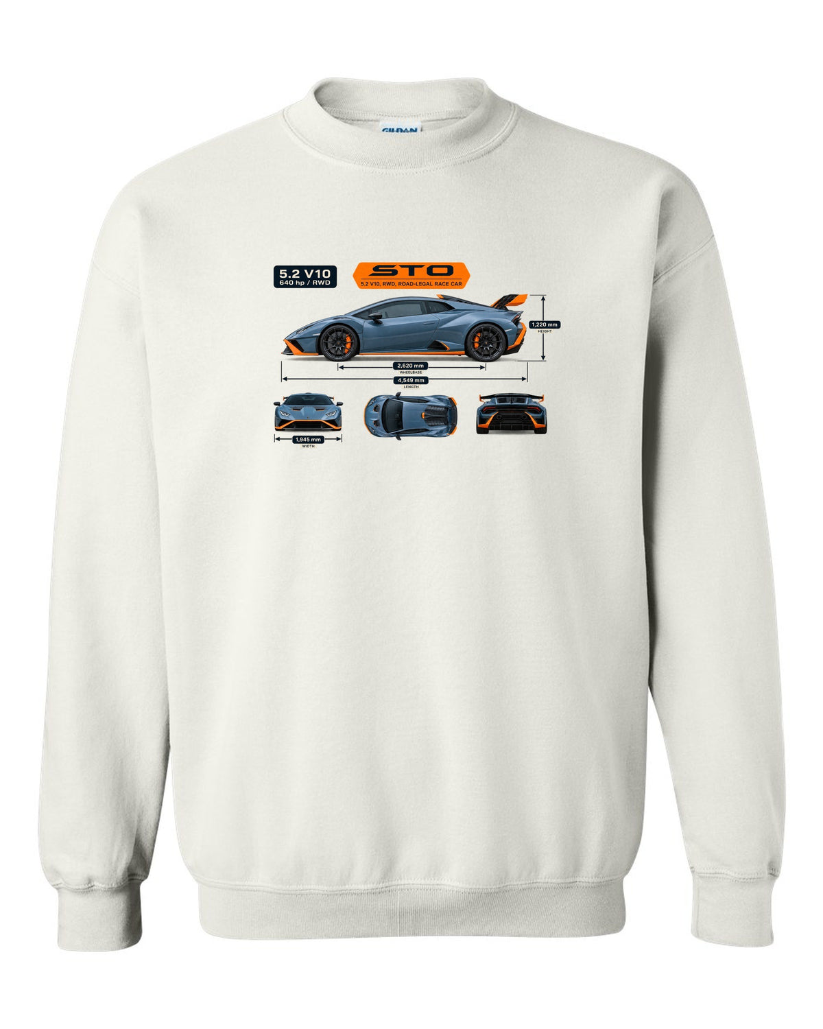 Dimension blueprint print of the Lamborghini Huracan STO white crewneck front view with the design