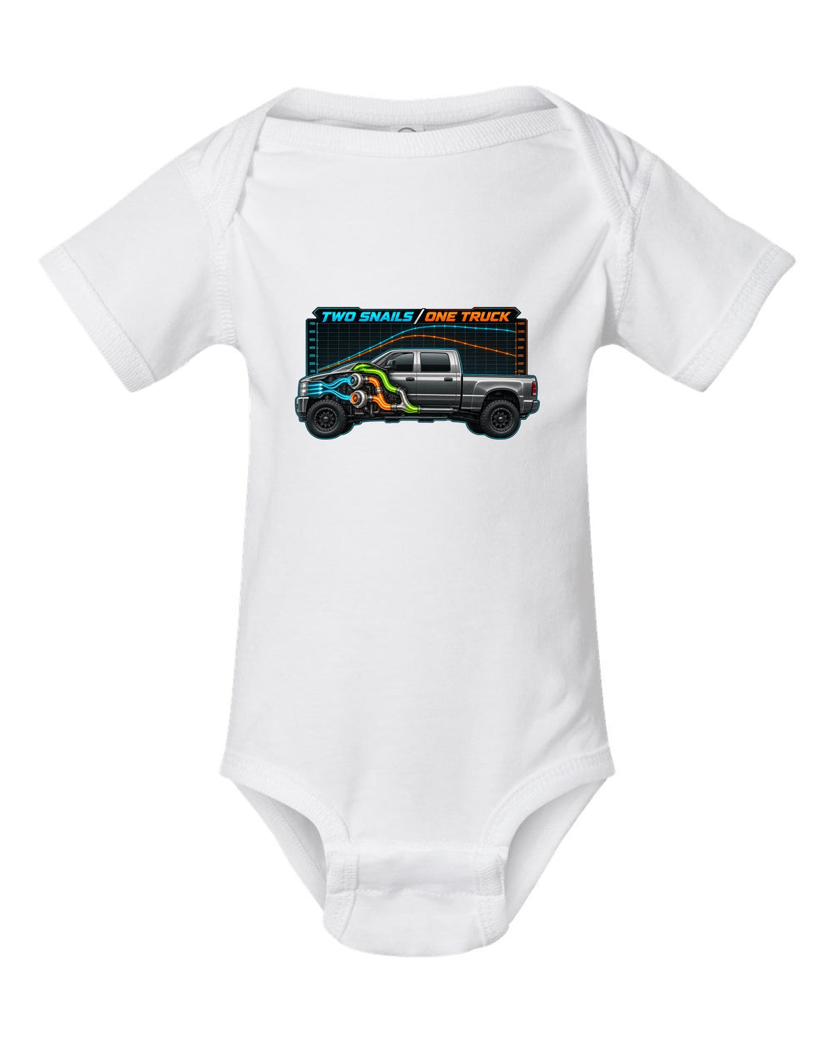 Dyno chart and gauge print of a 2003-2009 Dodge Ram 2500 Cummins compound turbo with two snails one truck text white baby onesie front view with the design