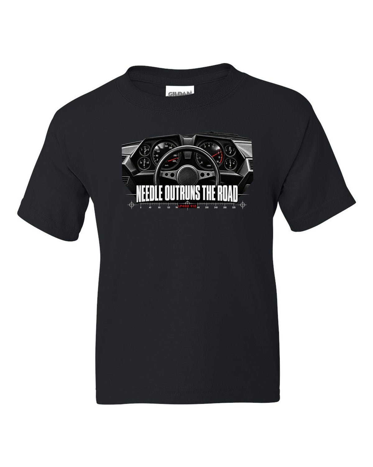 Cockpit gauge print of a Lamborghini Countach LP400 interior with needle outruns the road text black kids tee front view with the design