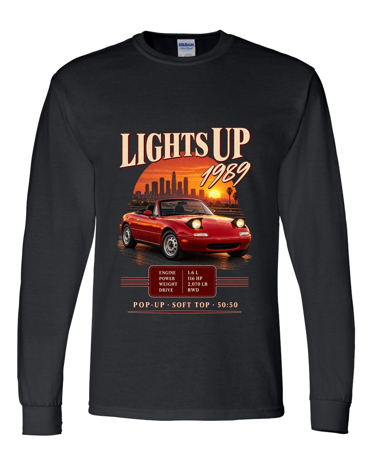 Archive panel print for the 1989 Mazda MX-5 NA with 116 HP, 2,070 lb and pop-up headlight specs black long sleeve front view with the design