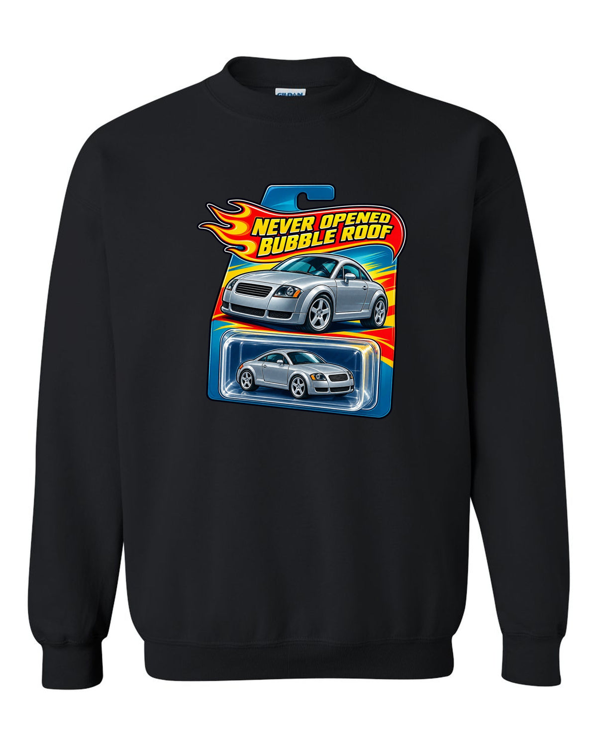 Toy blister card style print of an Audi TT 8N with Never Opened text black crewneck front view with the design