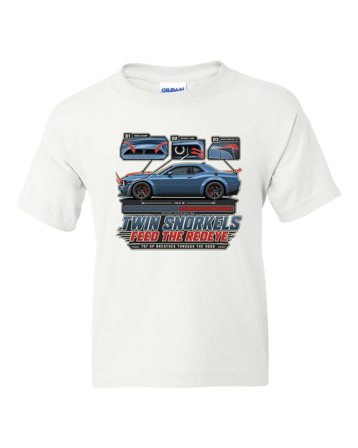 Dodge Challenger Hellcat Redeye Widebody aero callouts showing twin hood snorkels white kids tee front view with the design