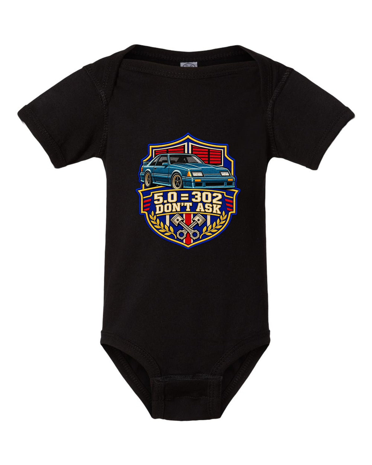 Embroidery-style varsity drag crest print for a Ford Mustang Fox Body chback black baby onesie front view with the design